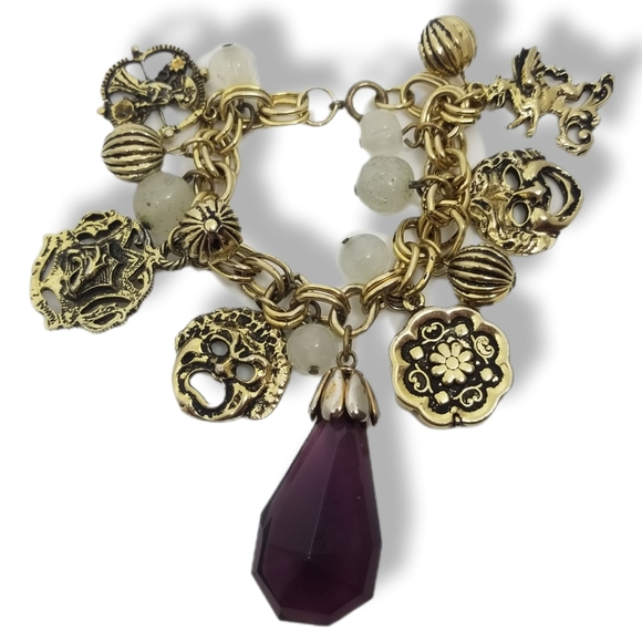 1950s GOLDTONE VENETIAN MASK THEATRICAL STATEMENT CHARM BRACELET - Picture 4 of 9